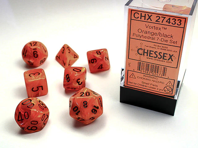 CHESSEX - ROL SET: Vortex-Polyhedral Orange/black 7-Die Set