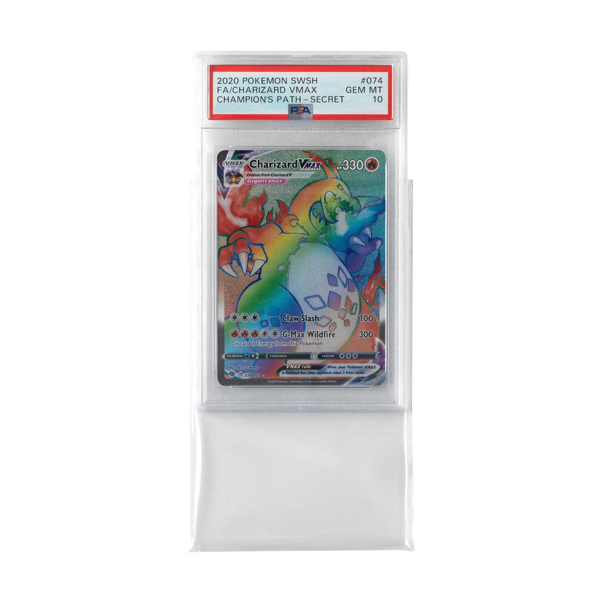 Carta Charizard VMAX encapsulada por PSA, con la funda Vault X Exact Fit abierta.