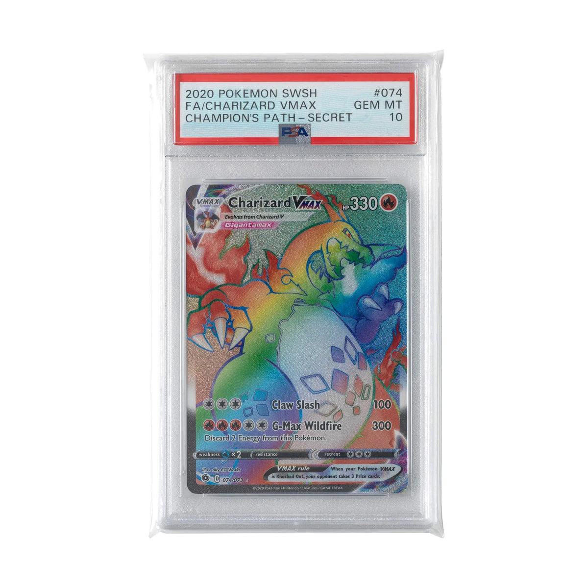 Carta Charizard VMAX encapsulada por PSA dentro de una funda transparente Vault X Exact Fit cerrada.