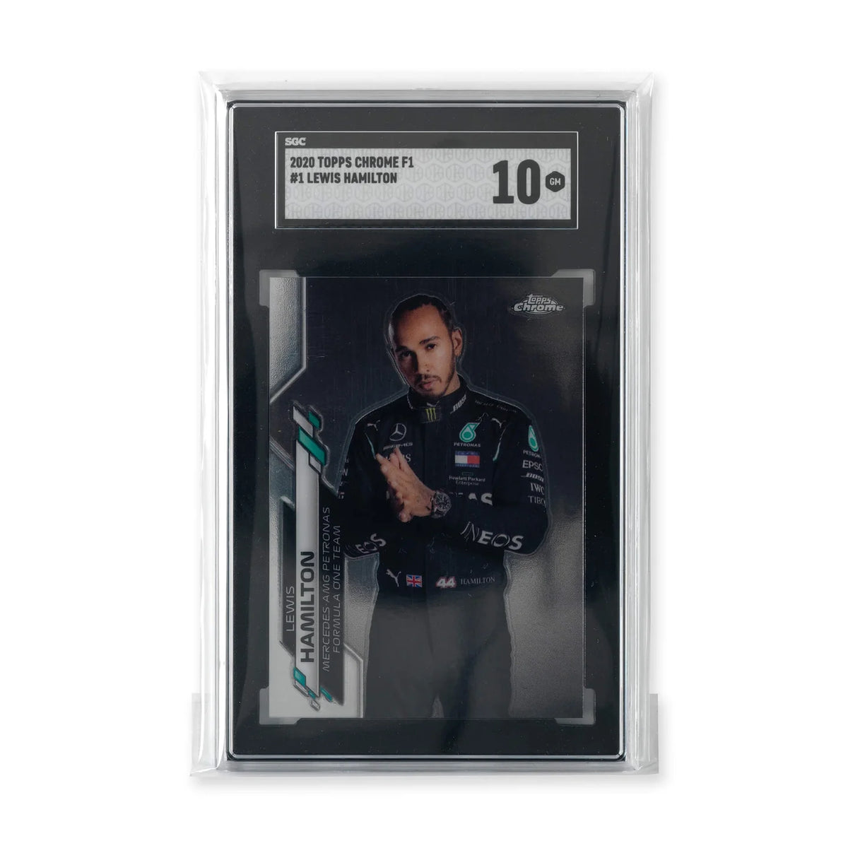 Carta de Lewis Hamilton encapsulada por SGC dentro de una funda transparente Vault X Universal Fit cerrada.
