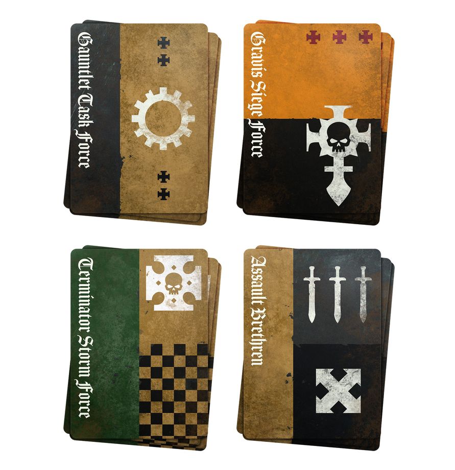 Cuatro grupos de cartas del Space Marines Command Pack de Warhammer 40.000, con emblemas sobre fondos verde, negro, ocre y naranja.