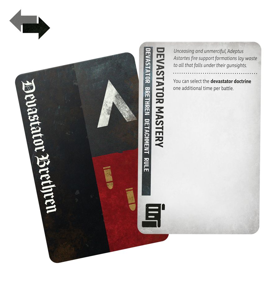 Anverso y reverso de una carta Devastator Brethren del Space Marines Command Pack, con la regla Devastator Mastery en inglés.