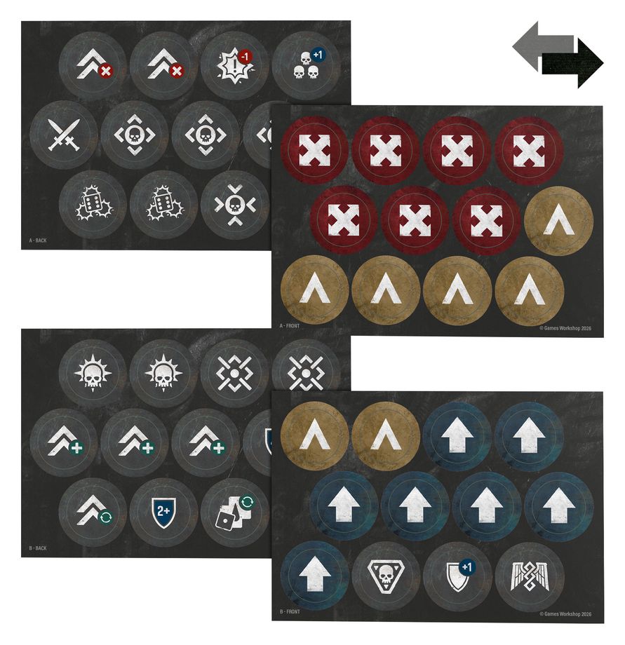 Planchas de fichas del Space Marines Command Pack de Warhammer 40.000, con símbolos blancos y marcadores rojos, ocres y azules.