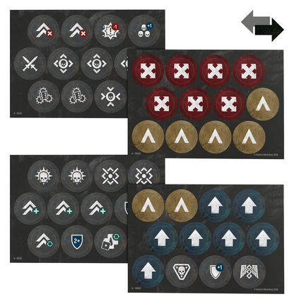 Planchas de fichas del Space Marines Command Pack de Warhammer 40.000, con símbolos blancos y marcadores rojos, ocres y azules.