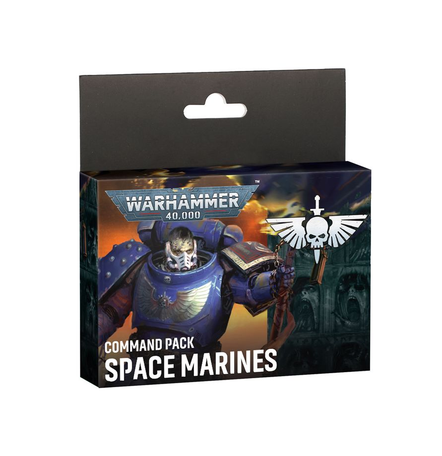 Caja Space Marines Command Pack de Warhammer 40.000, con guerrero de armadura azul, vista frontal y lateral.