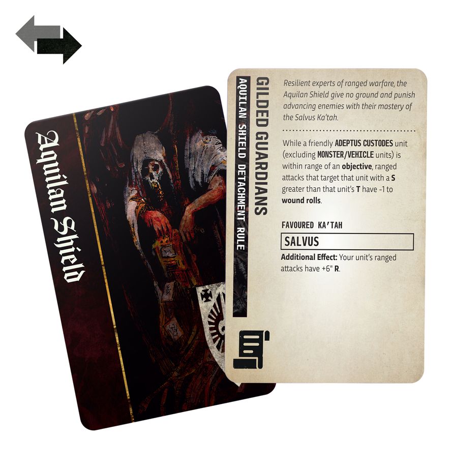 Anverso y reverso de una carta Aquilan Shield del Adeptus Custodes Command Pack, con la regla Gilded Guardians en inglés.