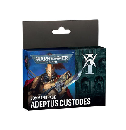 Caja Adeptus Custodes Command Pack de Warhammer 40.000, con guerrero de armadura dorada y capa roja, vista frontal y lateral.