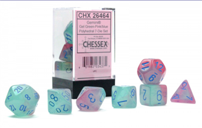 CHESSEX - ROL SET: Gemini Polyhedral Gel Green-Pink/blue Luminary 7-Die