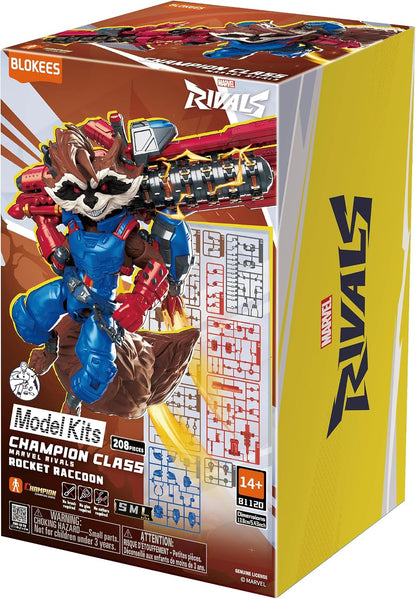 Caja del kit Blokees Champion Class Rocket Raccoon de Marvel Rivals, vista frontal y lateral amarilla.