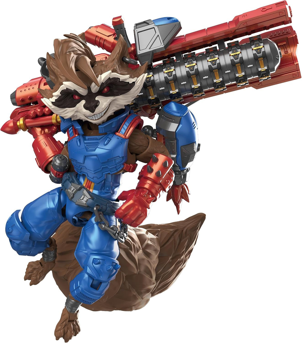 Figura Blokees Rocket Raccoon de Marvel Rivals con traje azul, guantes rojos y arma grande sobre el hombro, vista frontal.