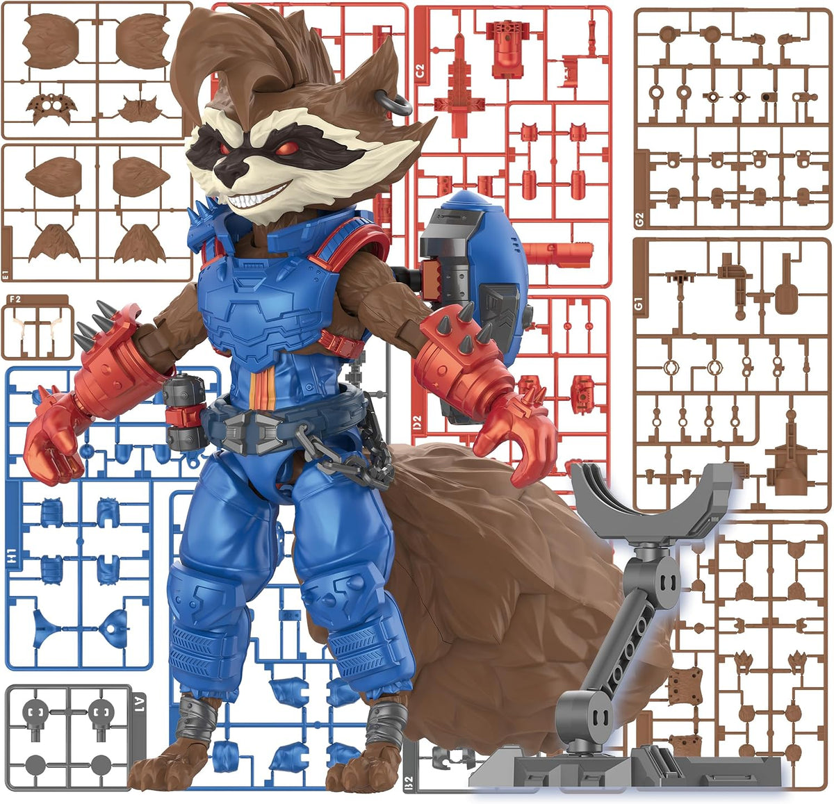 Kit Blokees Rocket Raccoon de Marvel Rivals, con figura montada y matrices de piezas azules, rojas y marrones.