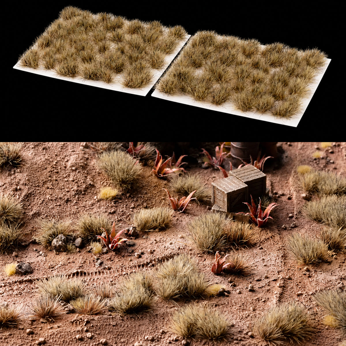Láminas de matas Light Brown 6 mm Wild de Gamer’s Grass y ejemplo de hierbas marrón claro junto a cajas y plantas rojizas.