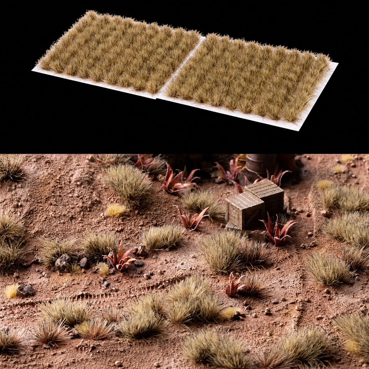 Láminas de matas Light Brown 6 mm Small de Gamer’s Grass y ejemplo de hierbas marrón claro junto a cajas y plantas rojizas.