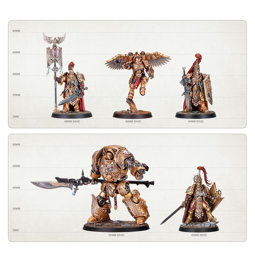 Comparativa de tamaño de miniaturas Adeptus Custodes Combat Patrol de Warhammer, con escala en milímetros y medidas de las peanas.