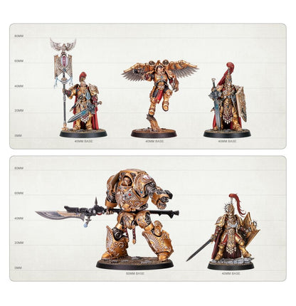 Comparativa de tamaño de miniaturas Adeptus Custodes Combat Patrol de Warhammer, con escala en milímetros y medidas de las peanas.