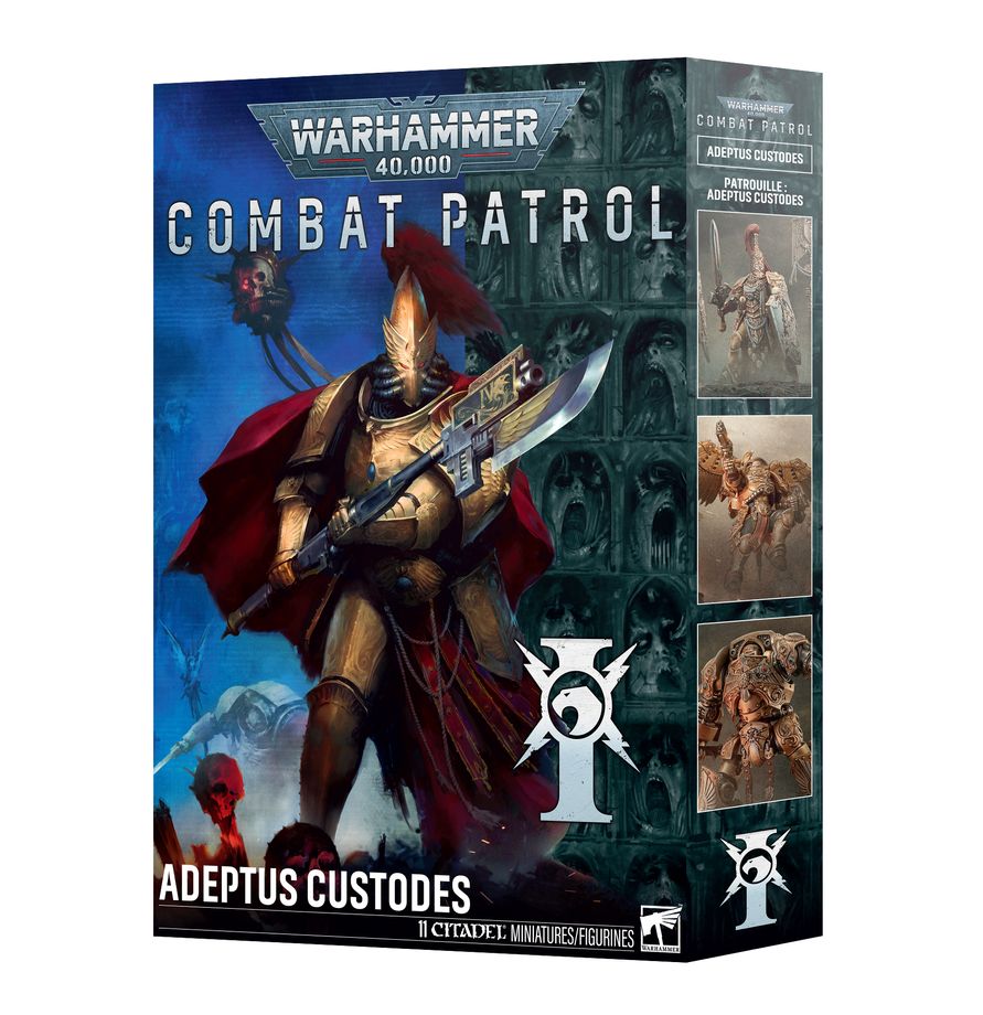 Caja Combat Patrol Adeptus Custodes de Warhammer 40.000, con guerrero dorado y fotografías de miniaturas en el lateral.