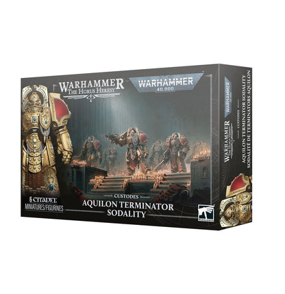 Caja Custodes Aquilon Terminator Sodality de Warhammer, con guerreros de armadura dorada, vista frontal y lateral.