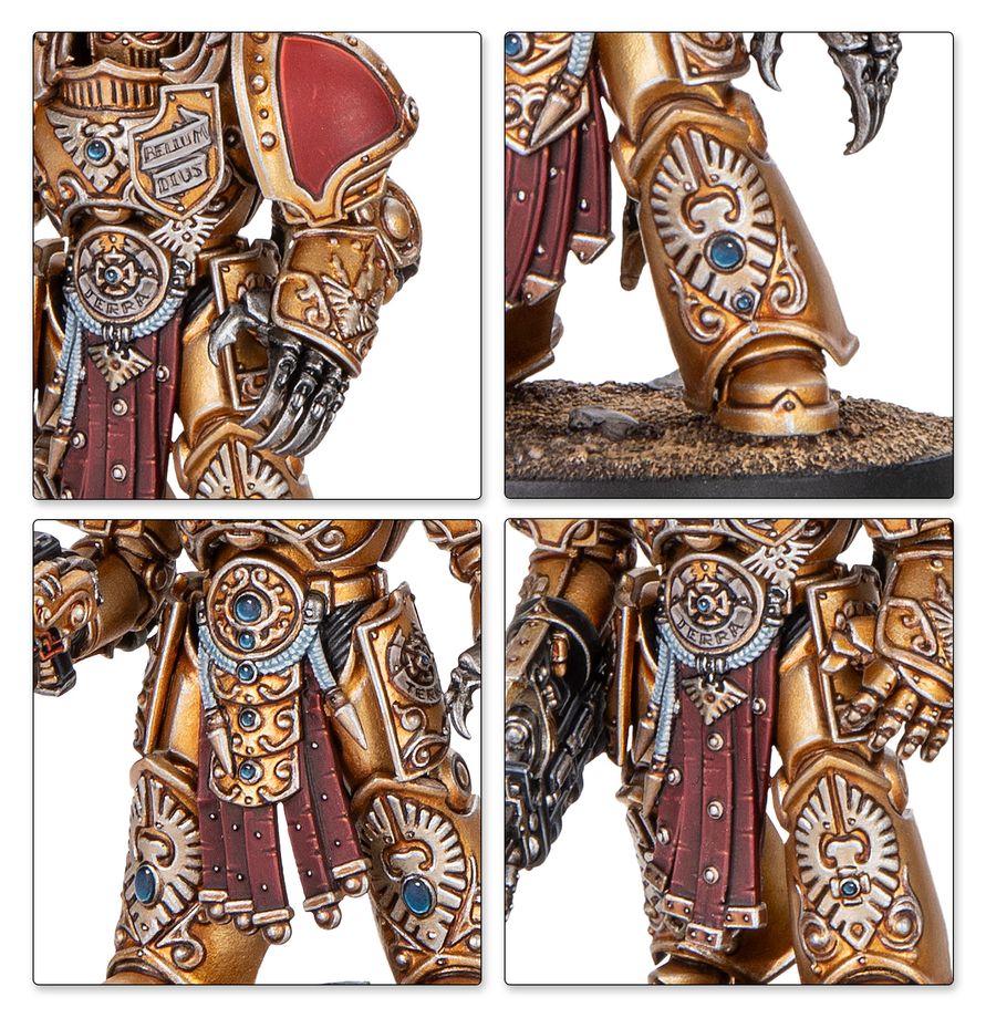 Primeros planos de la armadura dorada, hombrera roja, garras y emblemas de las miniaturas Custodes Aquilon Terminator de Warhammer.