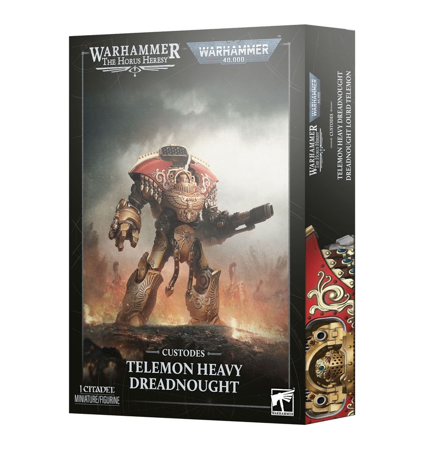 Caja Custodes Telemon Heavy Dreadnought de Warhammer, con ilustración del robot dorado y rojo, vista frontal y lateral.
