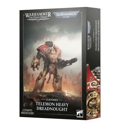 Caja Custodes Telemon Heavy Dreadnought de Warhammer, con ilustración del robot dorado y rojo, vista frontal y lateral.