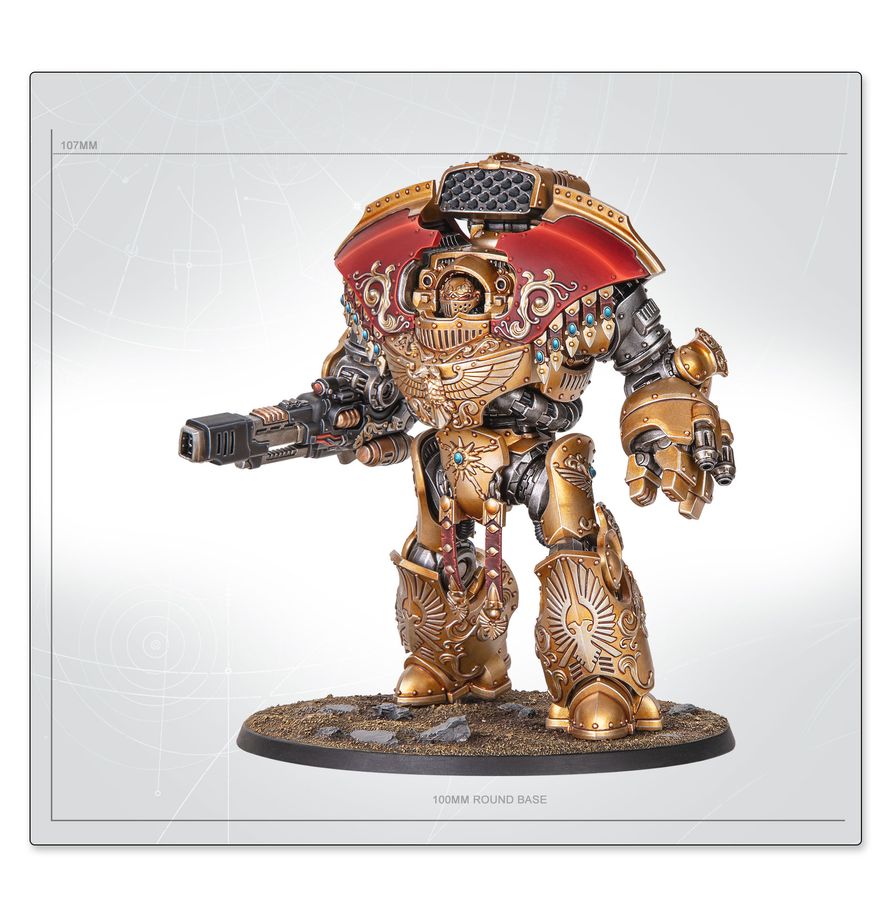 Miniatura Telemon Heavy Dreadnought de Custodes de Warhammer, dorada y roja, con esquema de dimensiones y peana circular.
