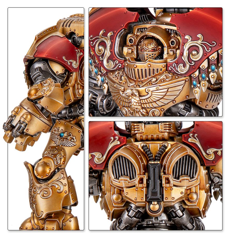 Detalles del blindaje, casco, brazo y parte trasera del Telemon Heavy Dreadnought de Custodes, pintado en dorado y rojo.