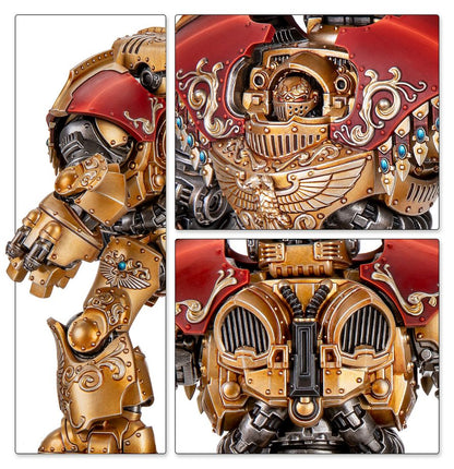 Detalles del blindaje, casco, brazo y parte trasera del Telemon Heavy Dreadnought de Custodes, pintado en dorado y rojo.