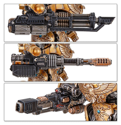 Detalle de tres configuraciones de armamento del Telemon Heavy Dreadnought de Custodes de Warhammer, en negro, metal y dorado.
