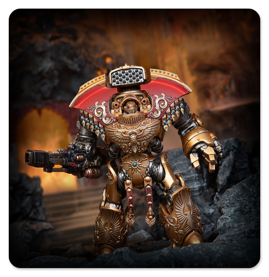 Telemon Heavy Dreadnought de Custodes de Warhammer dorado y rojo, fotografiado entre ruinas con iluminación anaranjada.