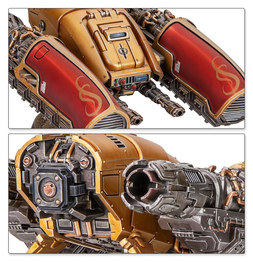 Detalles frontal y trasero de la miniatura Custodes Pallas Grav-Attack de Warhammer, con blindaje rojo y dorado y piezas metálicas.