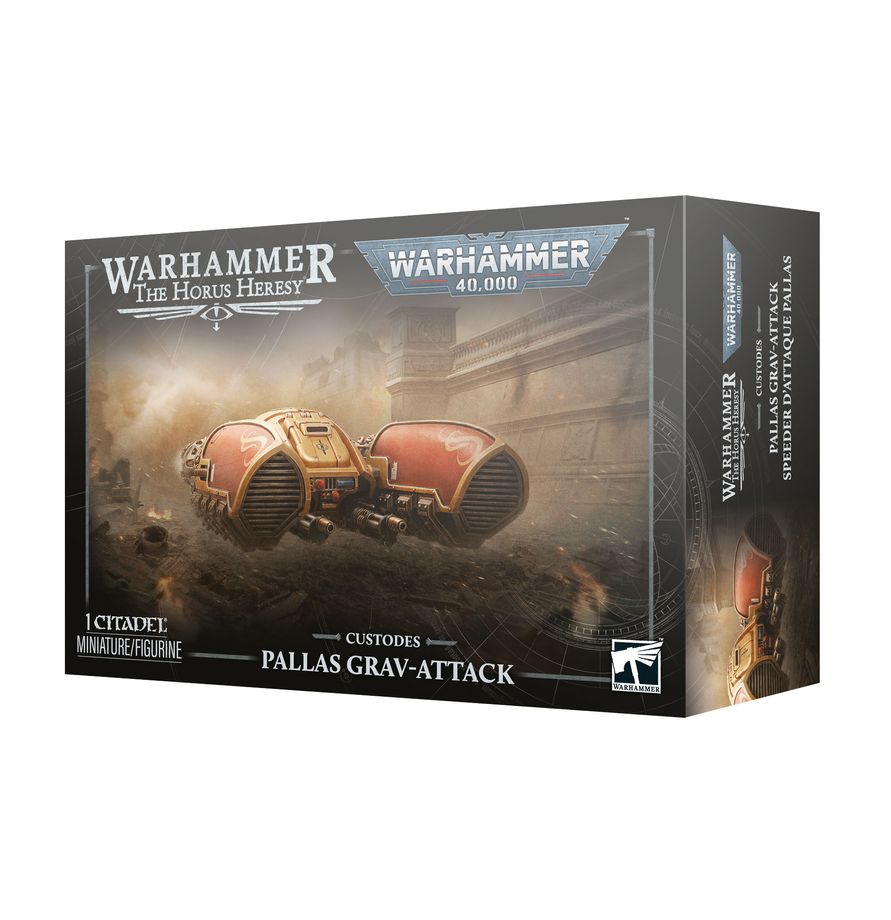 Caja de la miniatura Custodes Pallas Grav-Attack de Warhammer, con vehículo rojo y dorado, vista frontal y lateral.