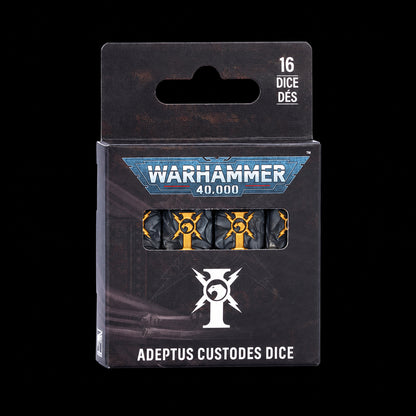 Caja de 16 dados Adeptus Custodes de Warhammer 40.000, con dados negros y emblemas dorados visibles en la ventana.