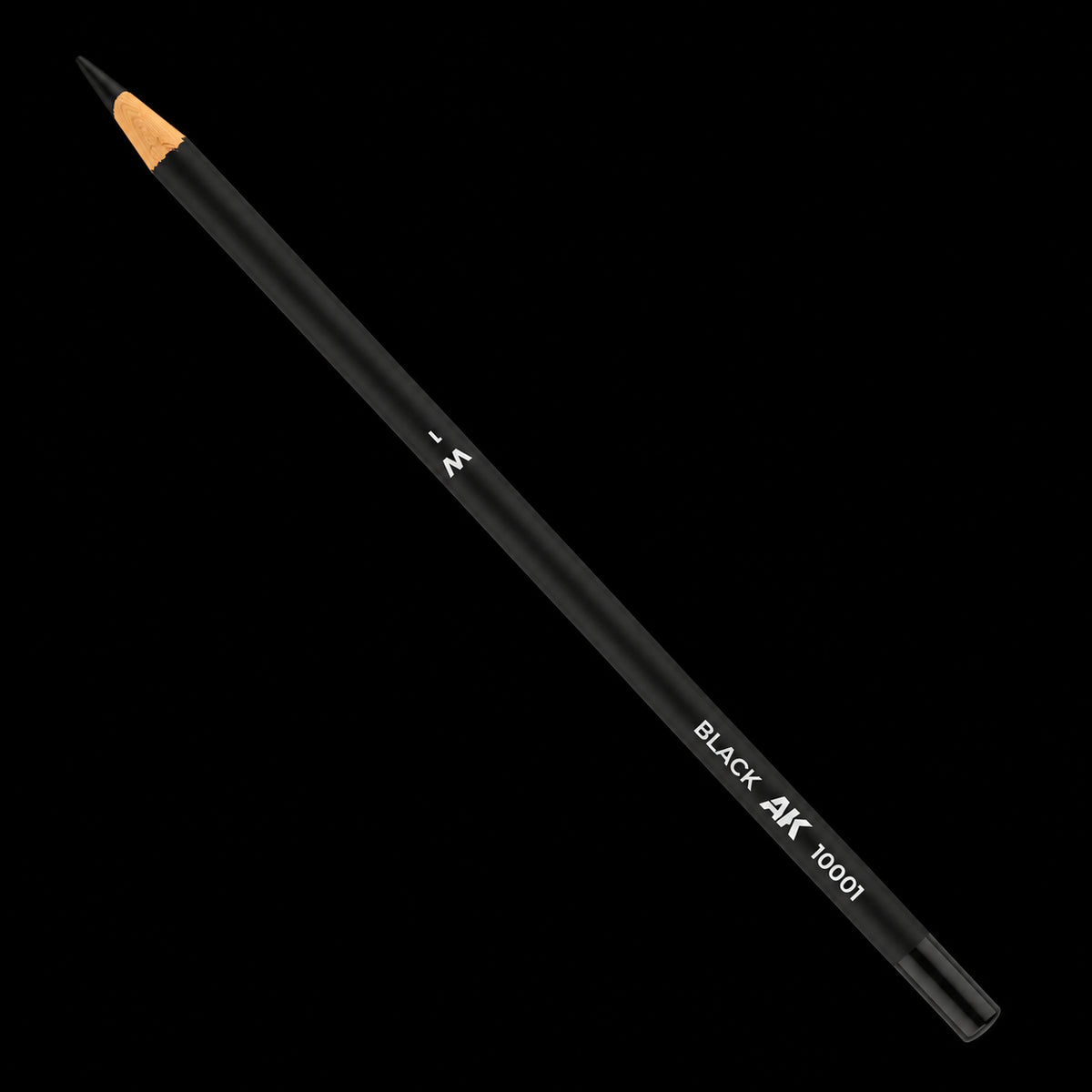 Lápiz negro AK Weathering Pencils Black AK10001, con madera visible en la punta, en diagonal.