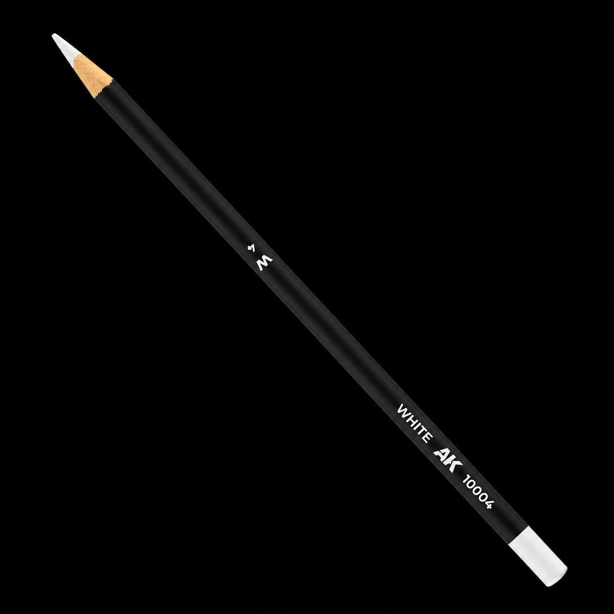 Lápiz AK Weathering Pencils White AK10004, con cuerpo negro, punta y extremo blancos, en diagonal.