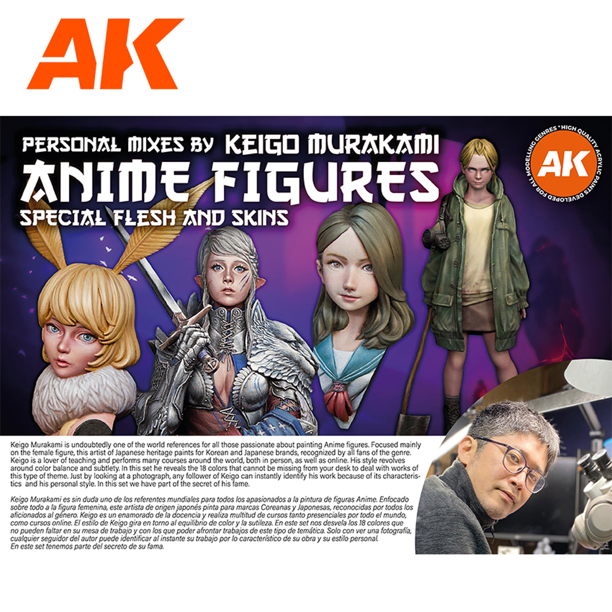 Información del set AK Anime Figures AK11765 de Keigo Murakami, con figuras pintadas, fotografía del artista y texto en español e inglés.