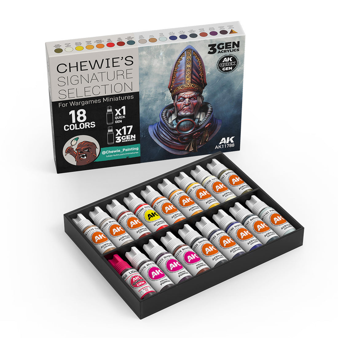 Set AK Chewie’s Signature Selection AK11788 abierto, con 18 botes de pintura en bandeja y la caja al fondo.