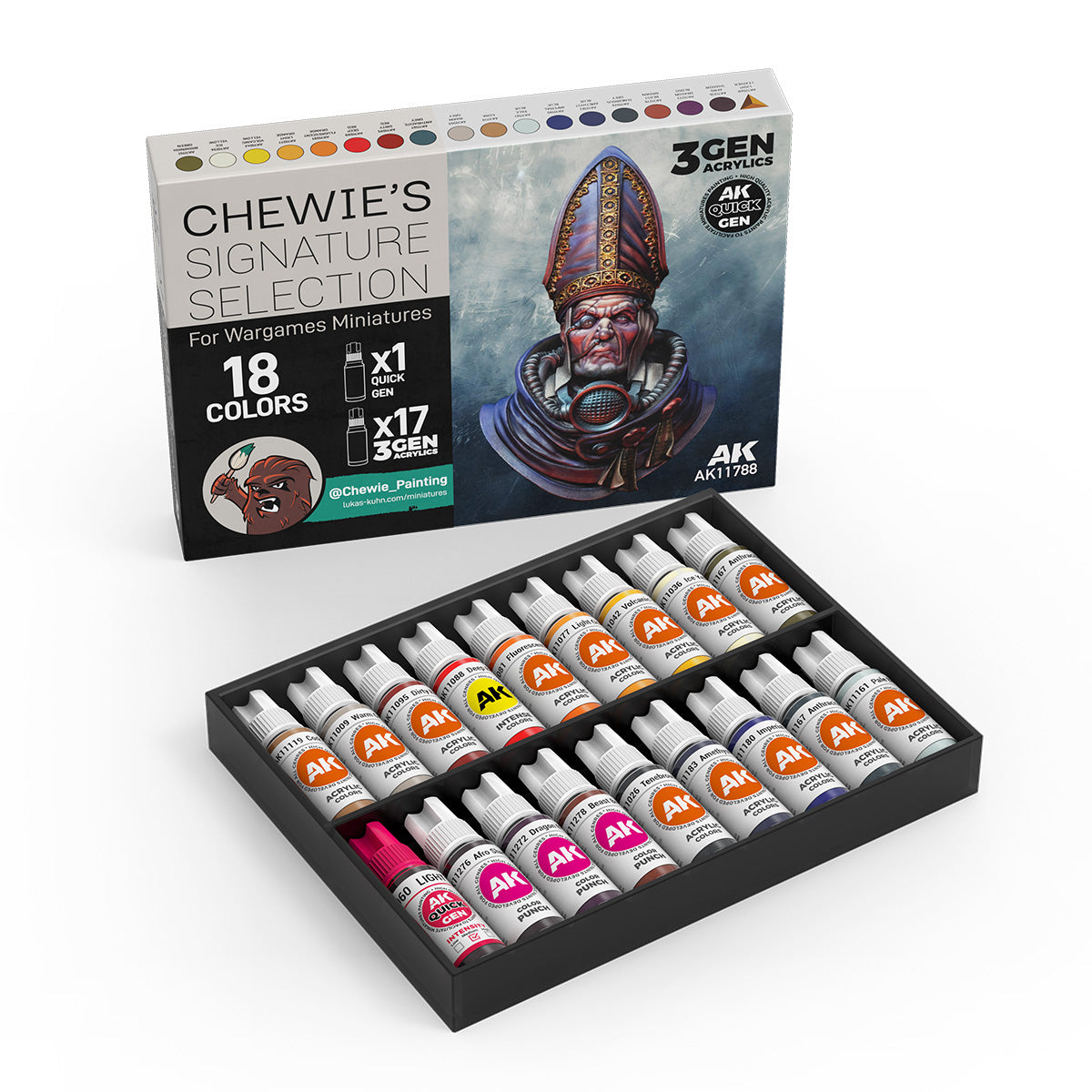 Set AK Chewie’s Signature Selection AK11788 abierto, con 18 botes de pintura en bandeja y la caja al fondo.