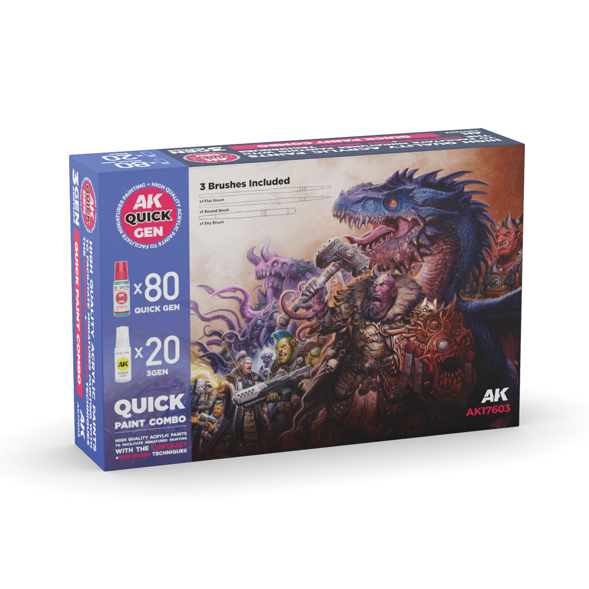 AK: QUICK GEN - QUICK PAINT COMBO - 100 COLORS - (80 QUICK GEN +20 3GEN +3 FREE BRUSHES +1 MEDIUM 18ML)