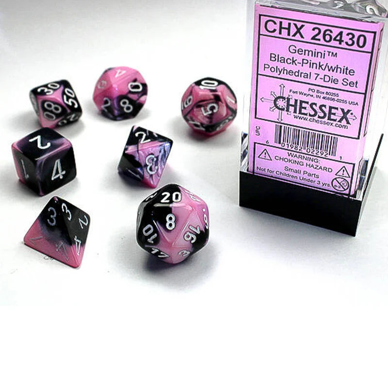 CHESSEX - ROL SET: MINI Gemini - Black-Pink/white 7-Die
