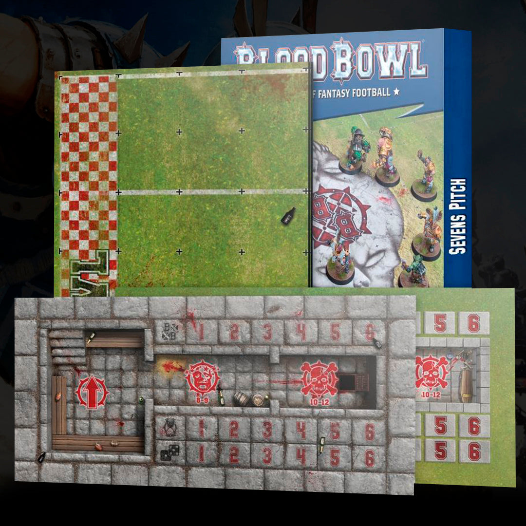 CAMPO IMPRESO A DOBLE CARA Y BANQUILLOS PARA SEVENS PITCH DE CAMPO DE BLOOD BOWL