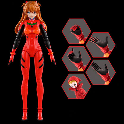 Figura de Asuka Shikinami Langley de Evangelion, Blokees Fantastics Series, vista frontal con traje rojo y detalles de cuatro manos y una muñeca roja.