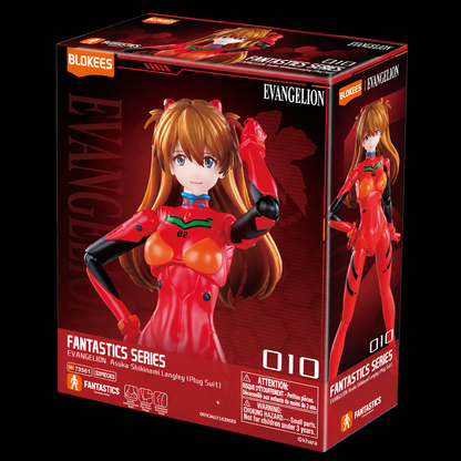 Caja de la figura Asuka Shikinami Langley de Evangelion, Blokees Fantastics Series, vista frontal y lateral sobre fondo negro.