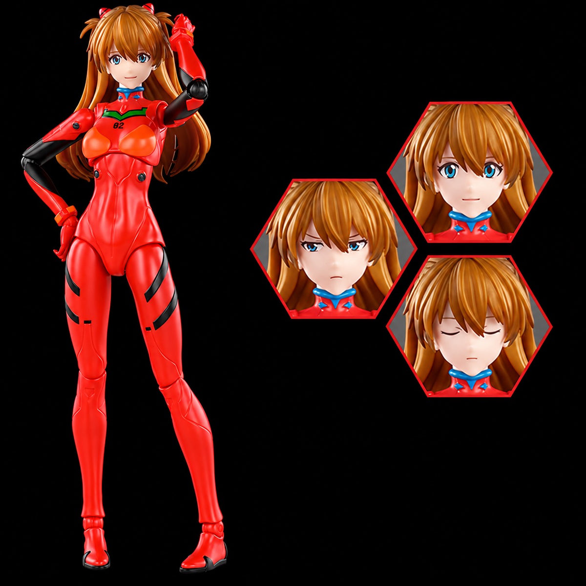 Figura de Asuka Shikinami Langley de Evangelion, Blokees Fantastics Series, con traje rojo y primeros planos de tres expresiones faciales.