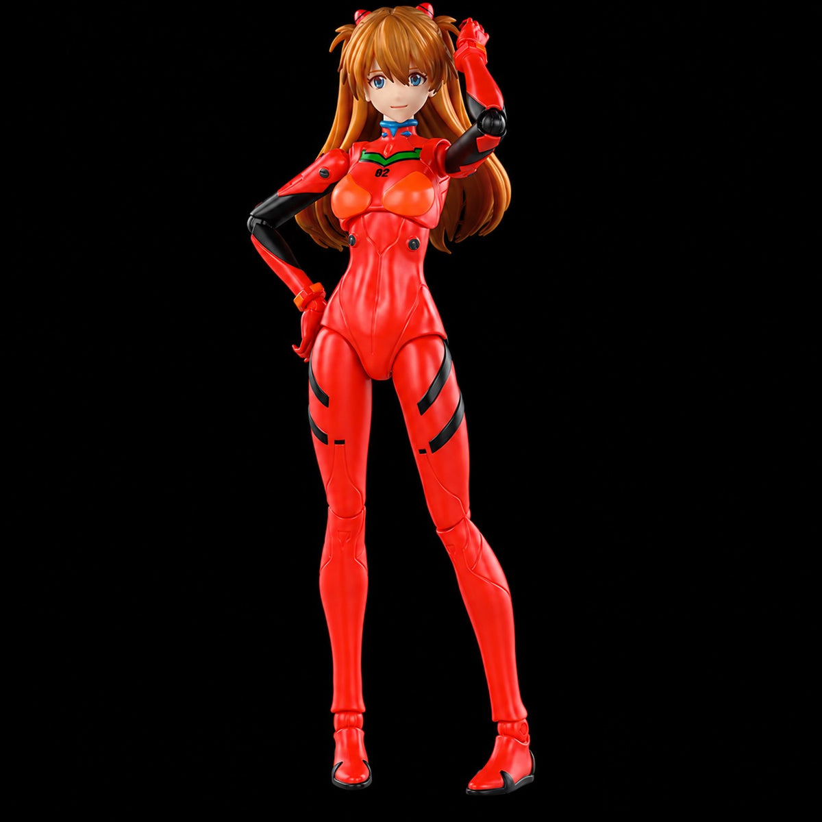 Figura de Asuka Shikinami Langley de Evangelion, Blokees Fantastics Series, con traje rojo y un brazo levantado sobre fondo negro.