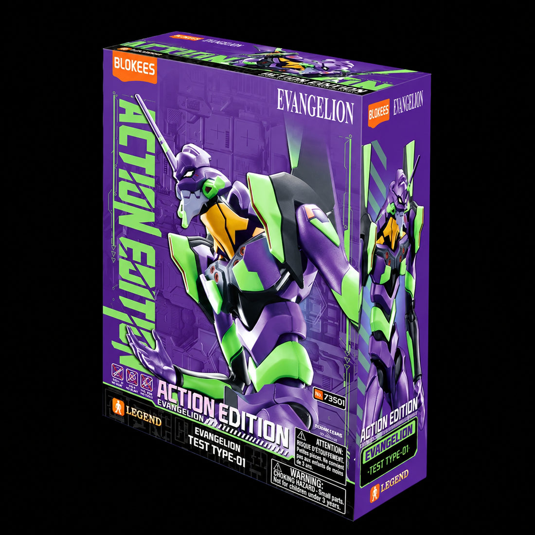 Caja de Evangelion Test Type-01 Action Edition de Blokees, vista frontal y lateral morada con ilustración del robot verde y morado sobre fondo negro.
