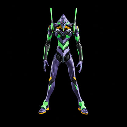 Figura Evangelion UNIT-01 de Blokees, vista frontal de cuerpo completo en morado, verde y amarillo sobre fondo negro.