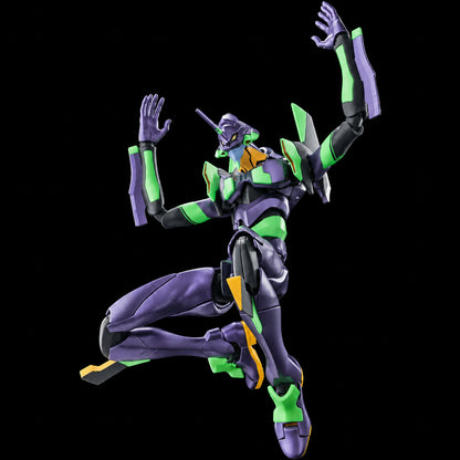 Figura Evangelion UNIT-01 de Blokees, morada y verde, en pose de salto con los brazos levantados sobre fondo negro.