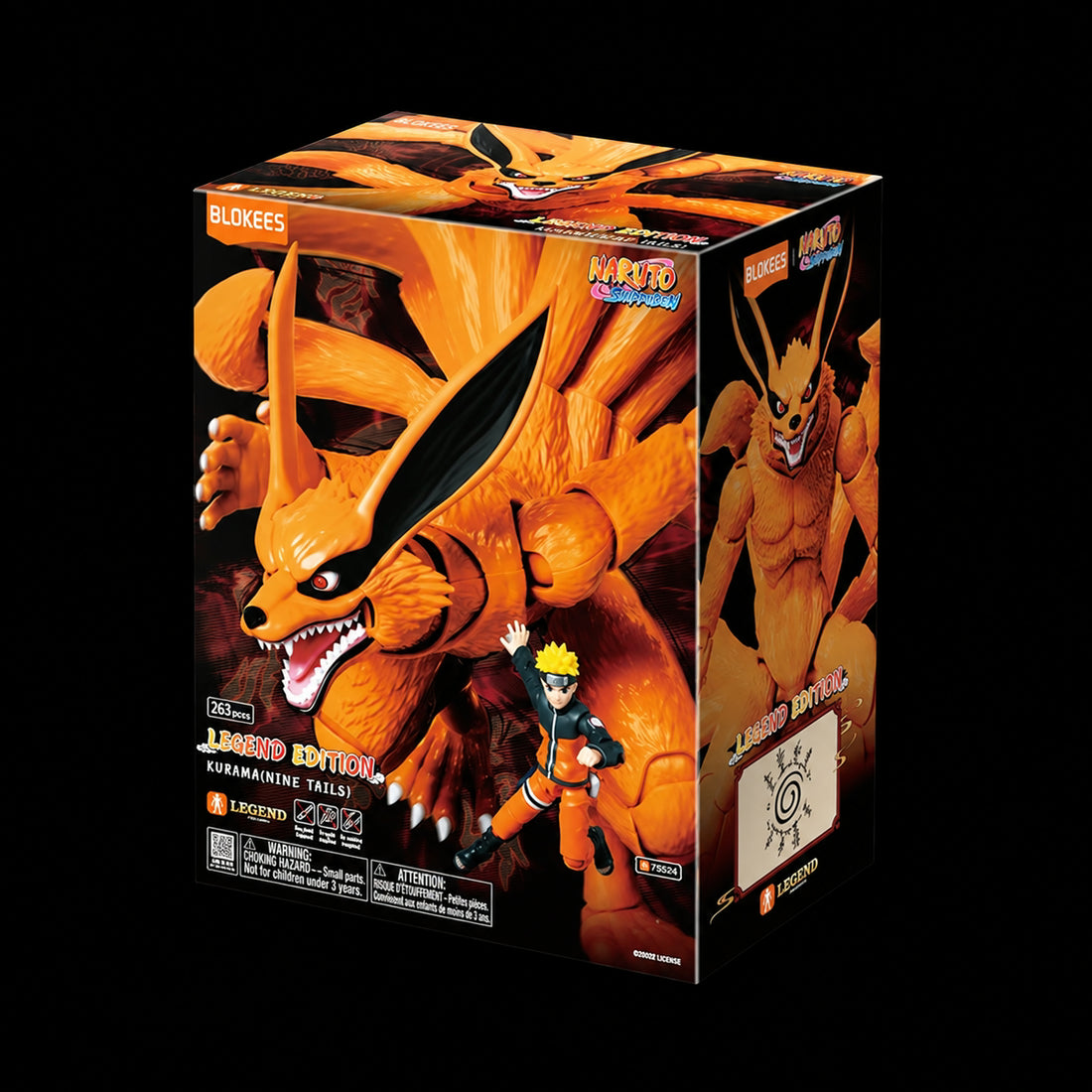 Caja de Kurama Nine Tails Legend Edition de Blokees, Naruto Shippuden, vista frontal y lateral con ilustraciones naranjas de Kurama y Naruto sobre fondo negro.