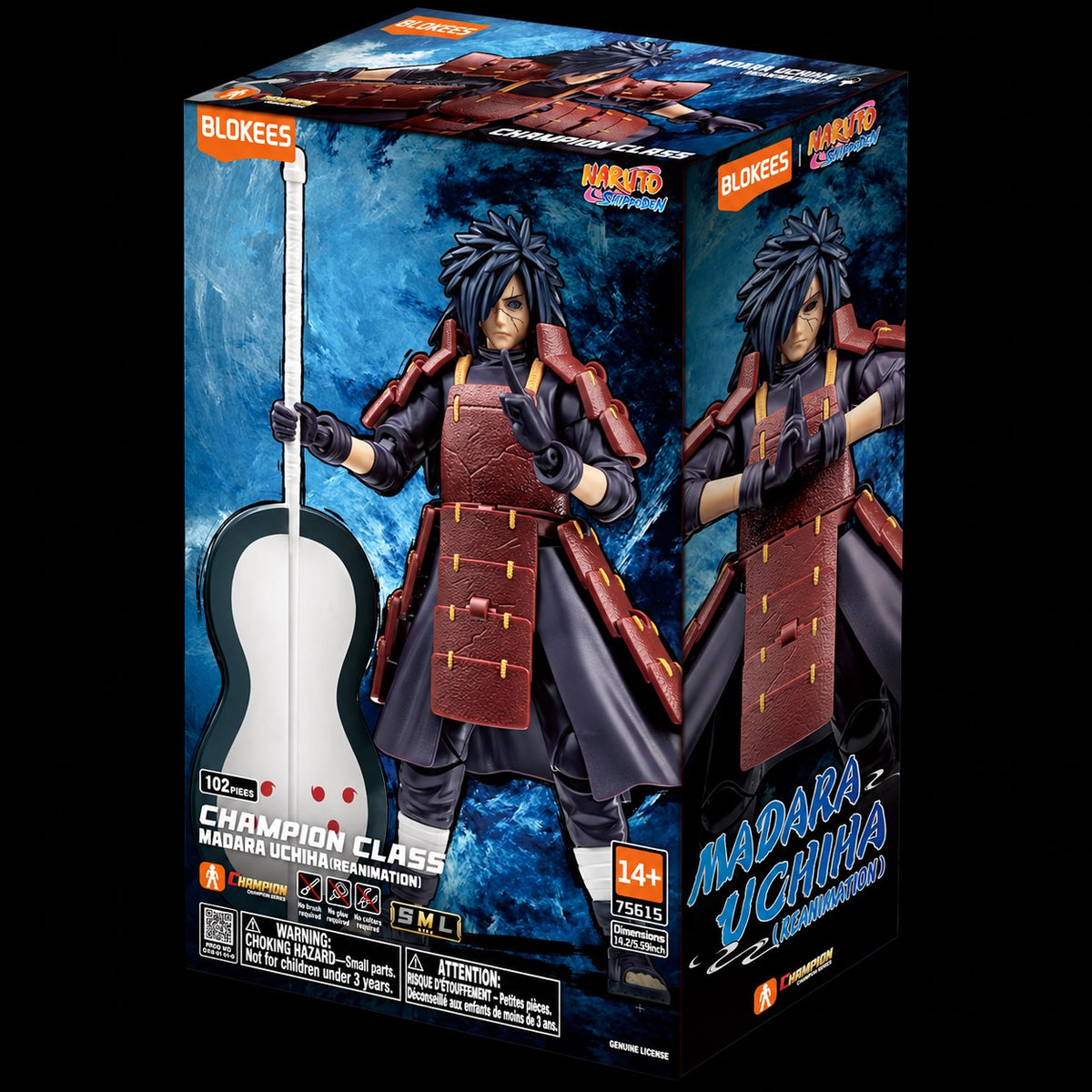 Caja de Madara Uchiha Reanimation de Naruto Shippuden, Blokees Champion Class, vista frontal y lateral azul con ilustración del personaje sobre fondo negro.