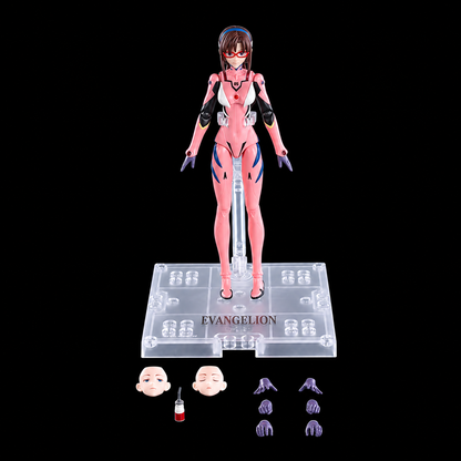 Figura de Mari Makinami Illustrious de Evangelion, Blokees Fantastics Series, con traje rosa, base transparente, dos rostros y manos de recambio sobre fondo negro.